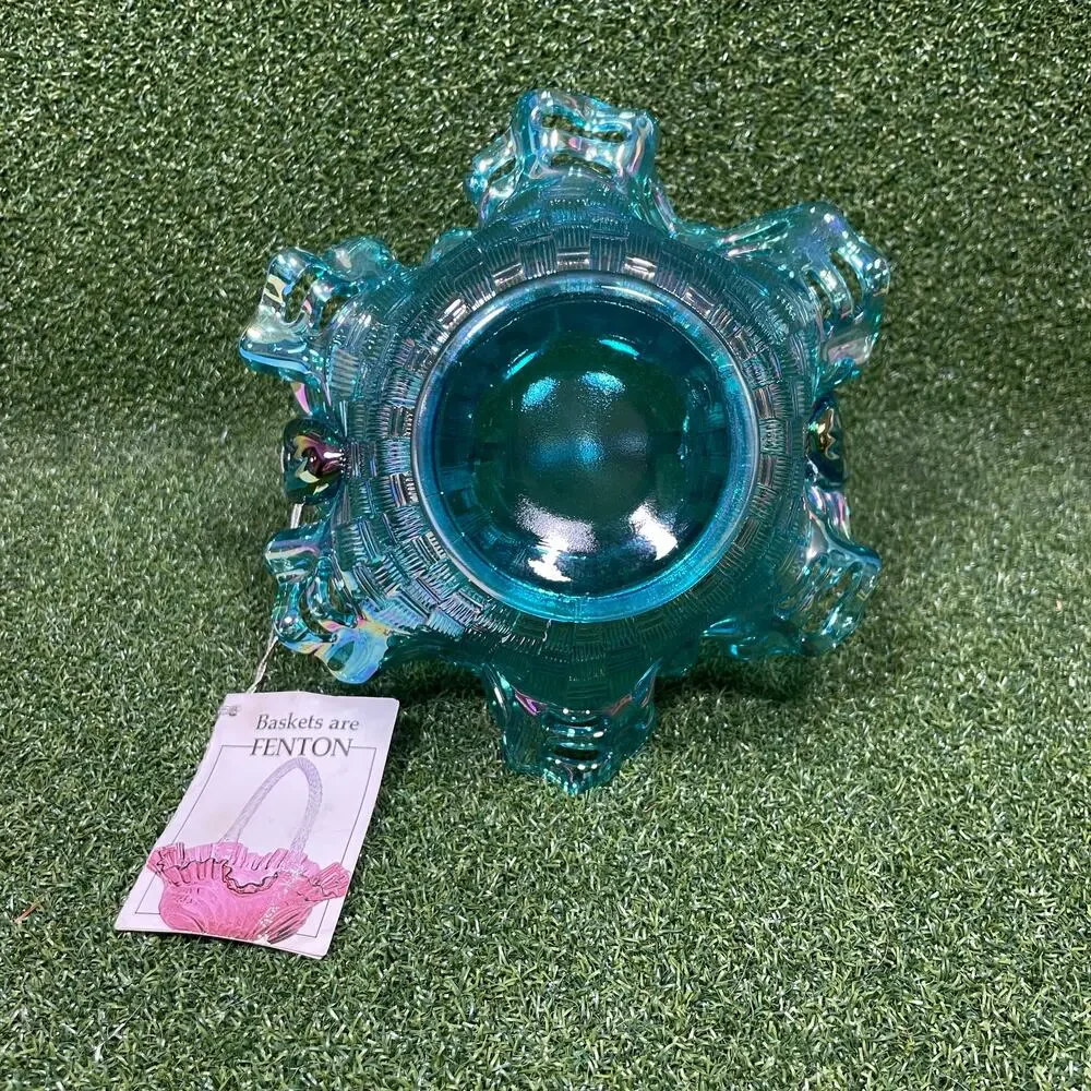 Vintage Fenton Teal Carnival Glass Open Edge Basketweave Basket w Original Tag